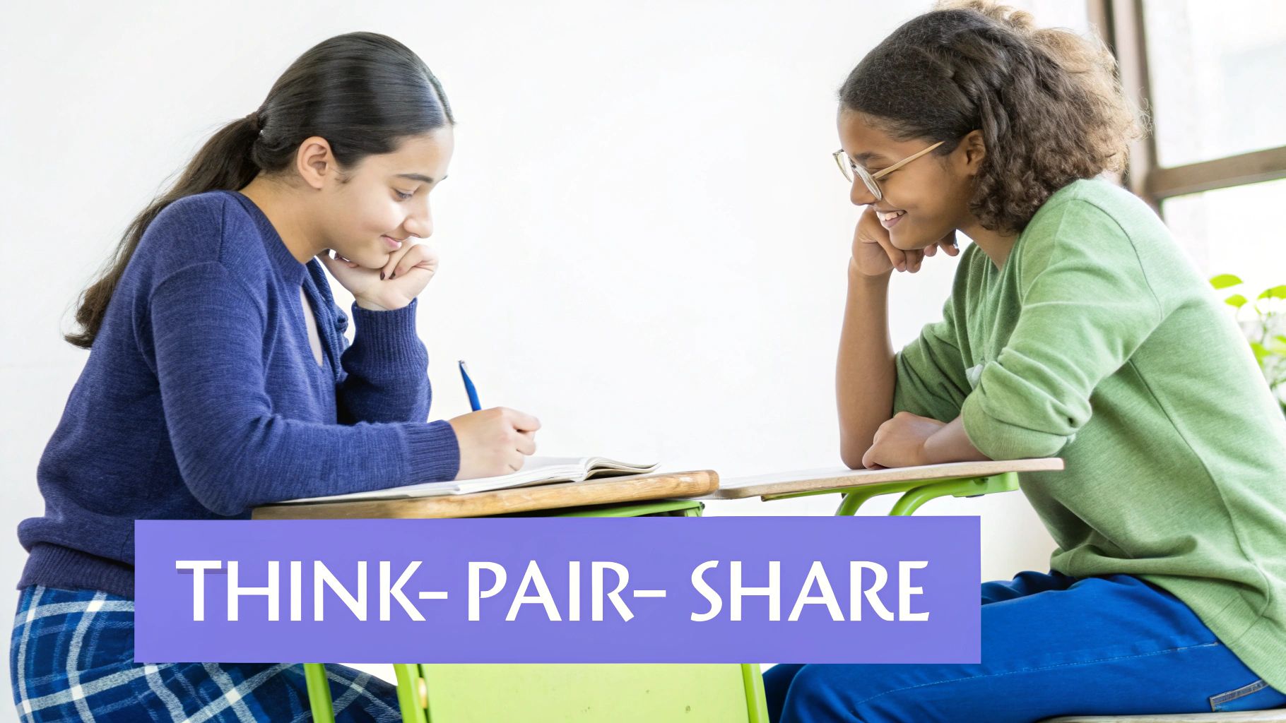 Two smiling students collaborating at desks, one writing, illustrating a 'Think-Pair-Share' activity.