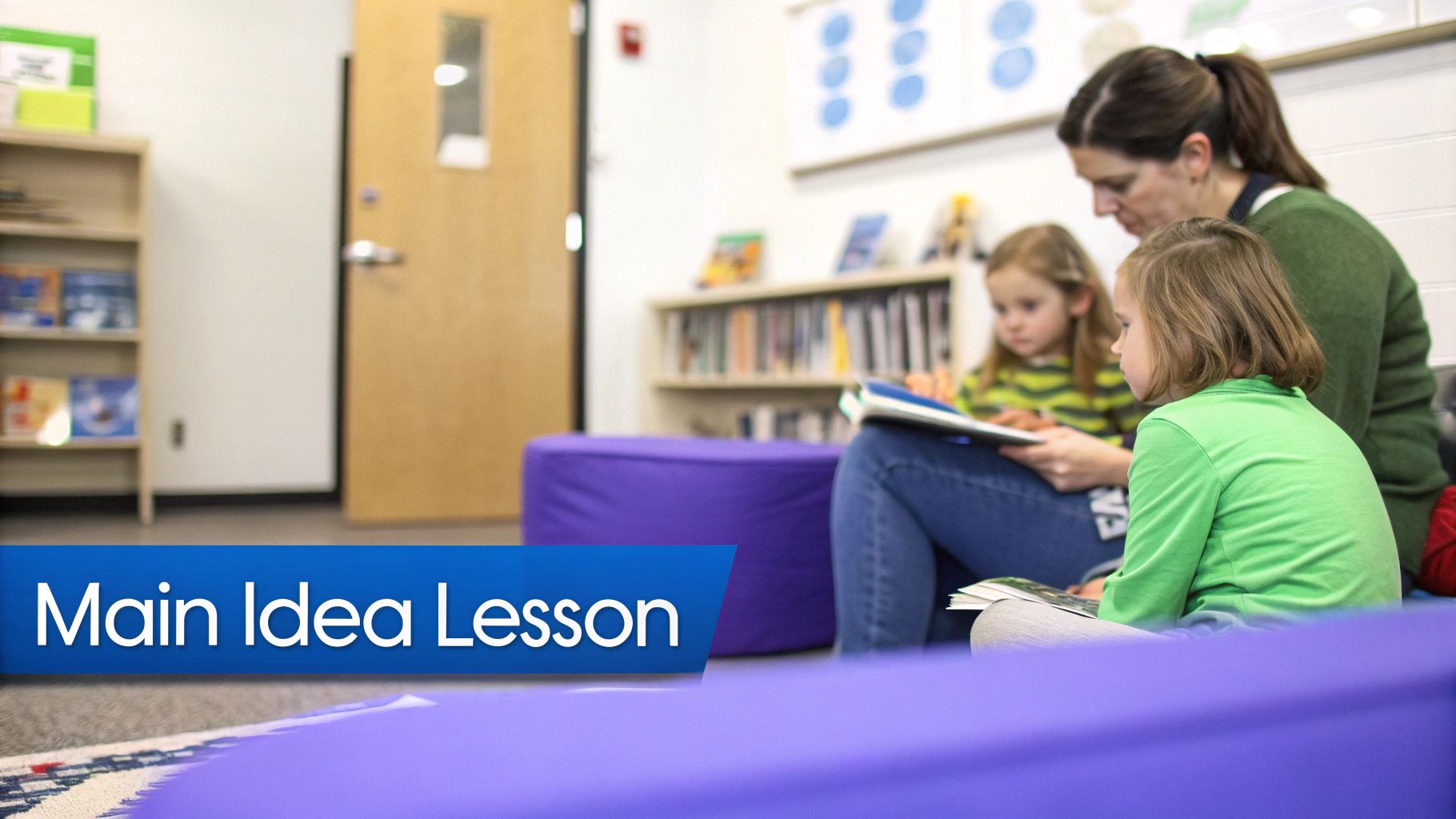 An adult reads a book to two young girls sitting on the floor during a main idea lesson.