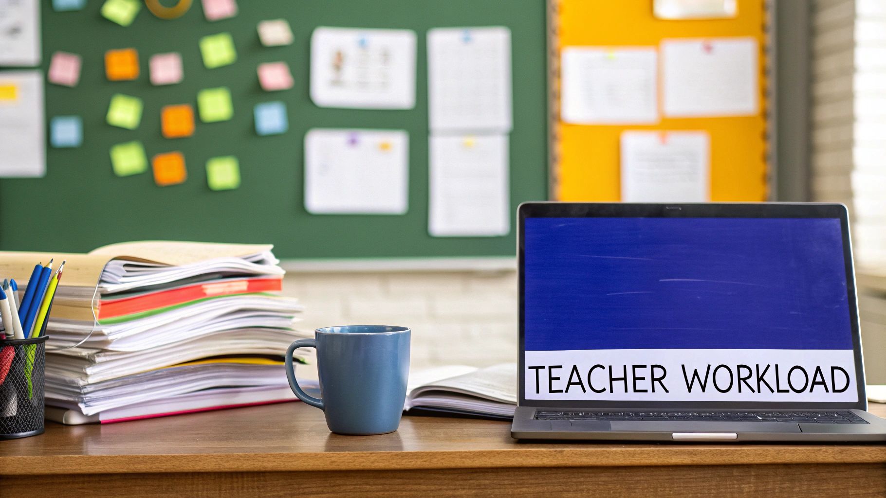 A teacher's desk with a large stack of papers, a cup, and a laptop displaying 'TEACHER WORKLOAD'.