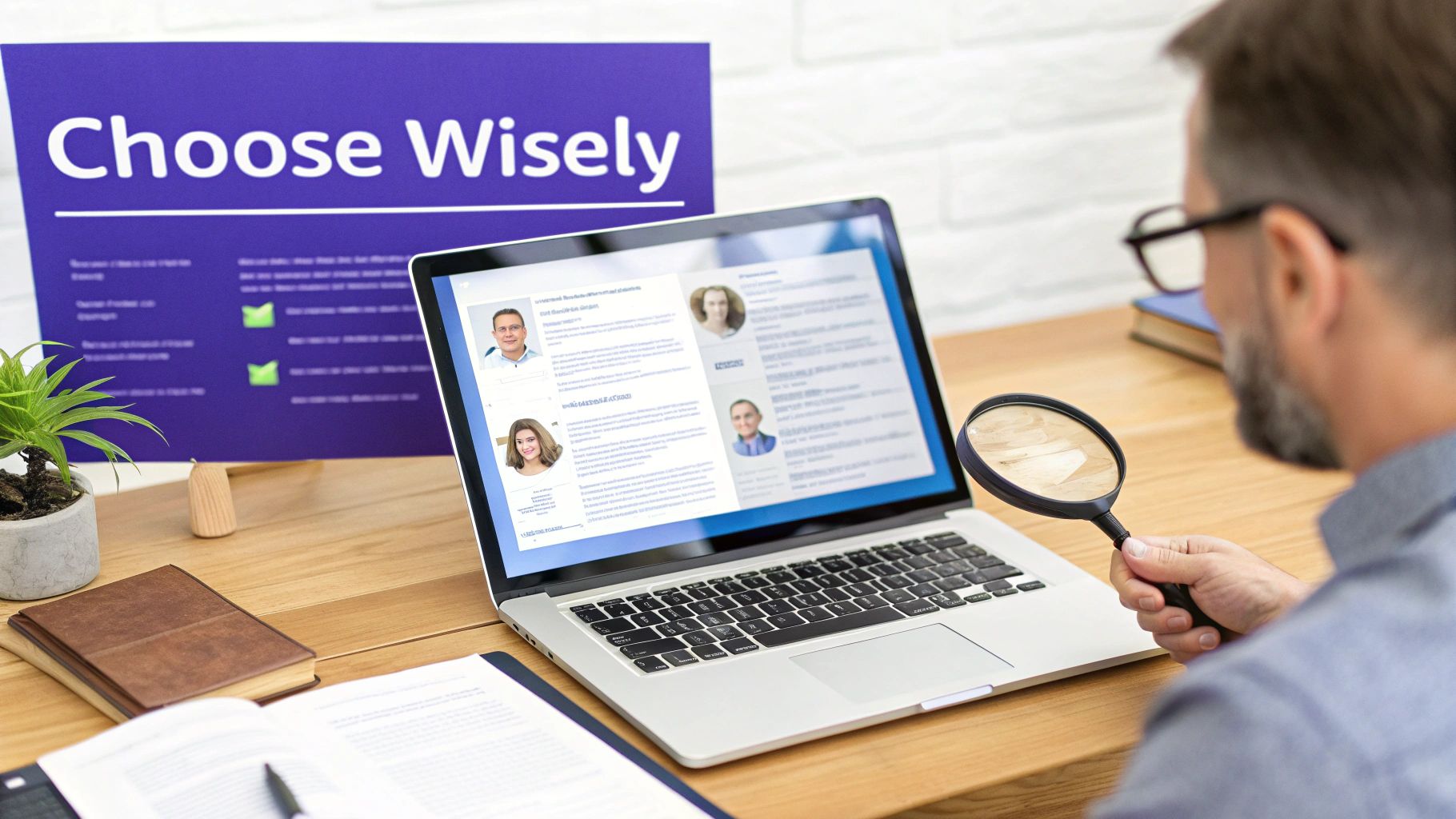 Man using a magnifying glass to review multiple candidate profiles on a laptop, with a 'Choose Wisely' sign.