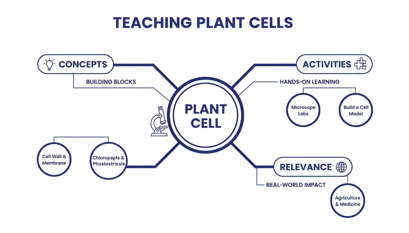 A diagram outlining methods for teaching plant cells, covering concepts, hands-on activities, and real-world relevance.