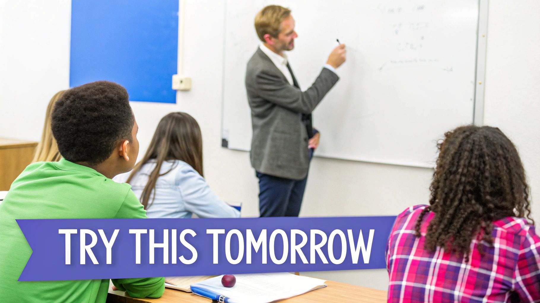 A male teacher writes on a whiteboard in front of a class of students.