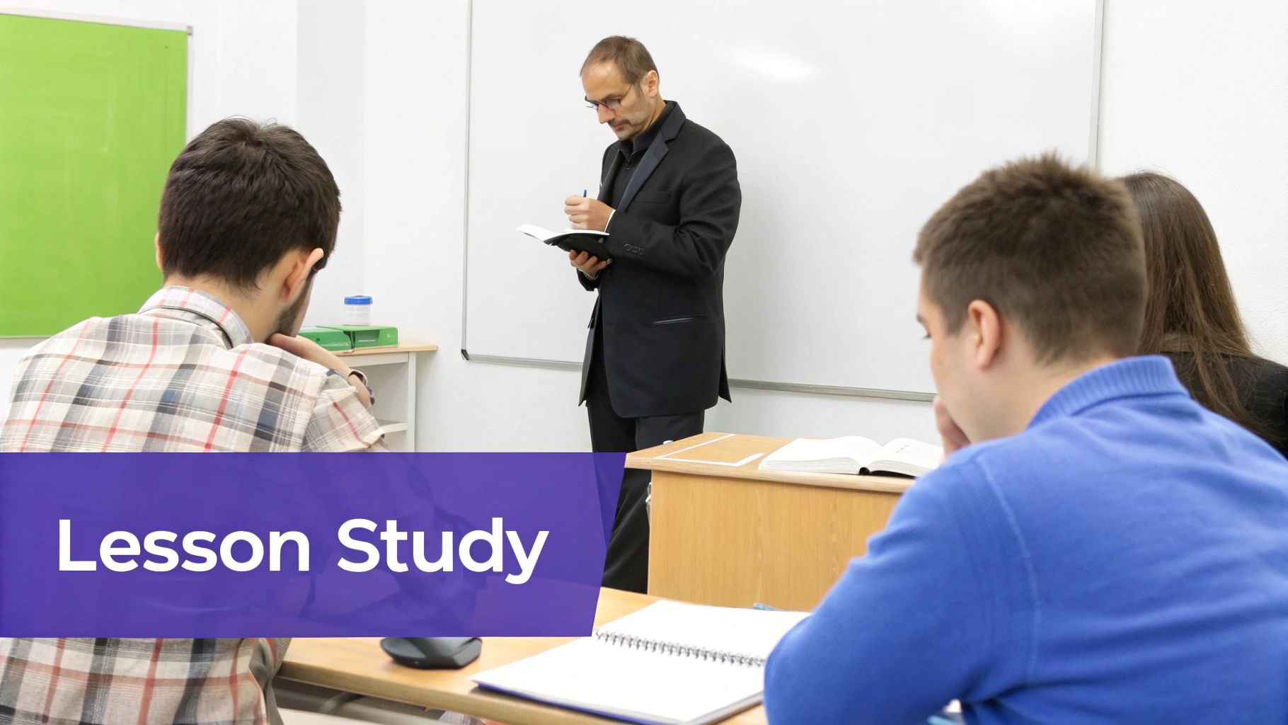 A male teacher writes notes in a notebook while students observe in a classroom.