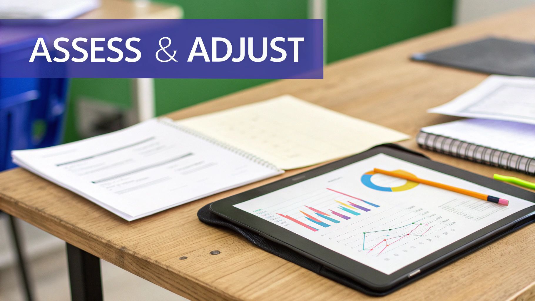 A tablet displaying charts and graphs with notebooks on a desk, overlaid with 'ASSESS & ADJUST' banner.