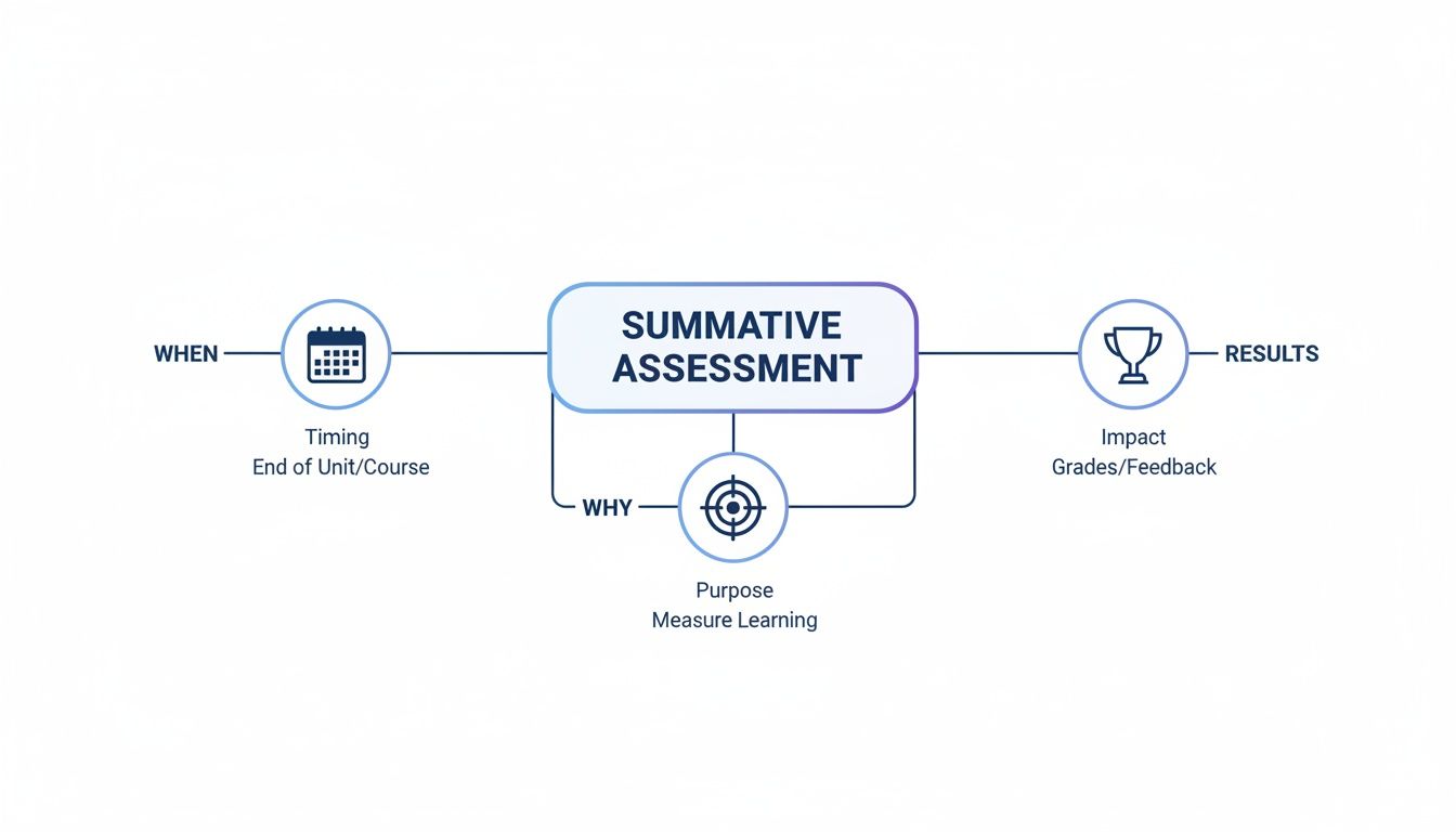 Diagram illustrating summative assessment, detailing its timing (end of unit), purpose, and impact (grades/feedback).