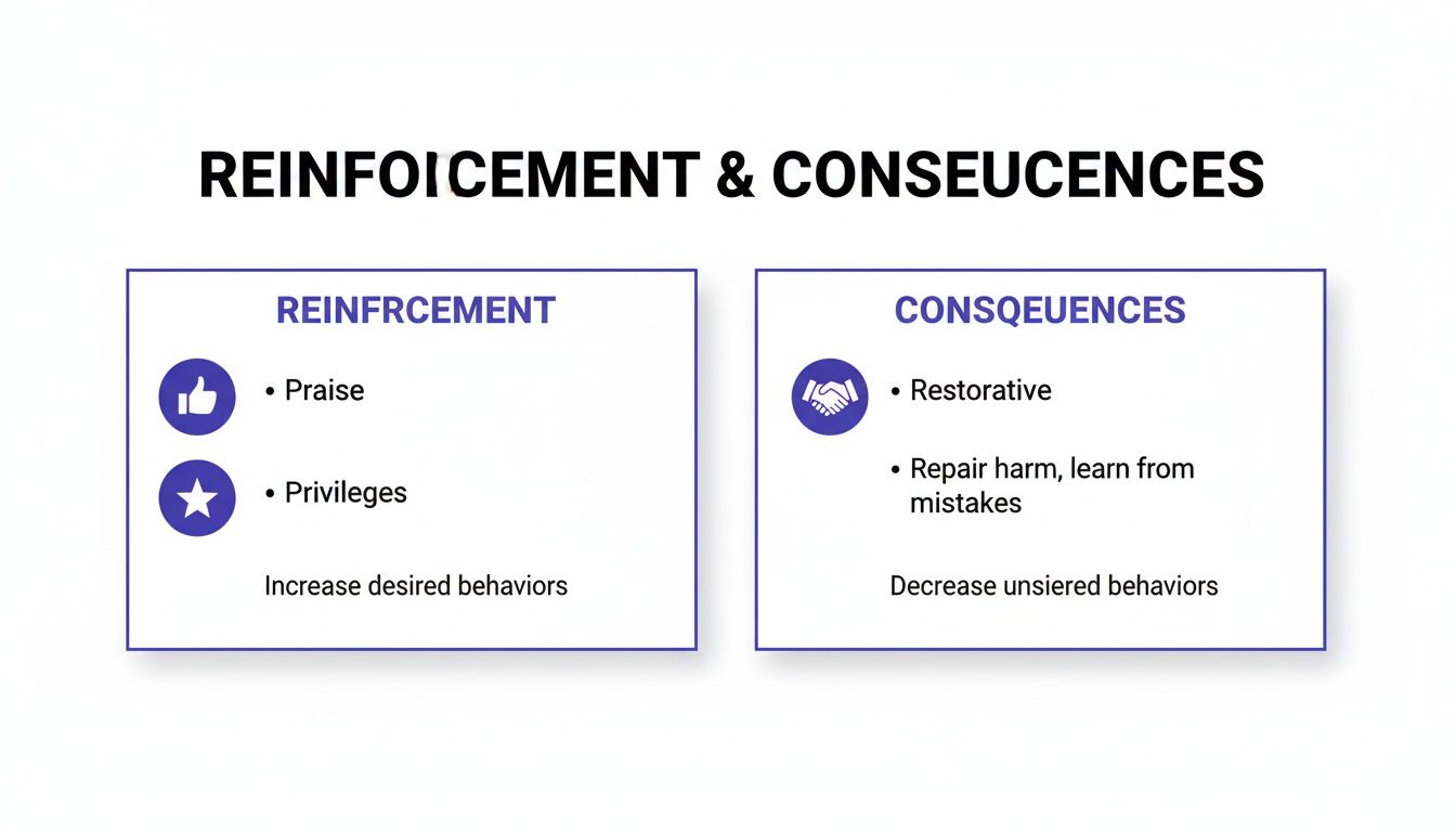 An educational diagram titled 'Reinforcement & Consequences' detailing methods to increase desired and decrease undesired behaviors.
