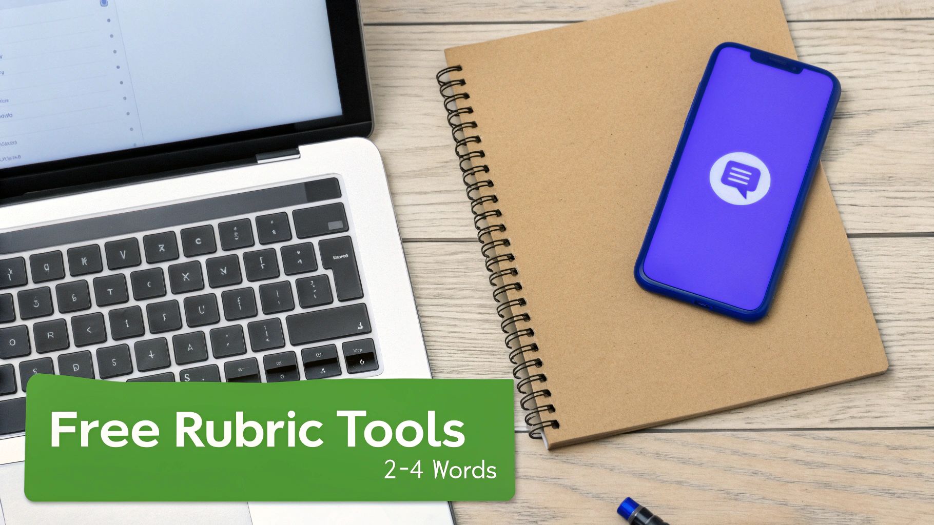 A flat lay shows a laptop, spiral notebook, and smartphone with a chat icon on a wooden desk, emphasizing free rubric tools.
