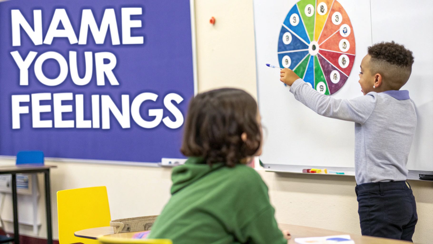 A young child points to a colorful feelings wheel on a whiteboard in a classroom with a 'NAME YOUR FEELINGS' banner.
