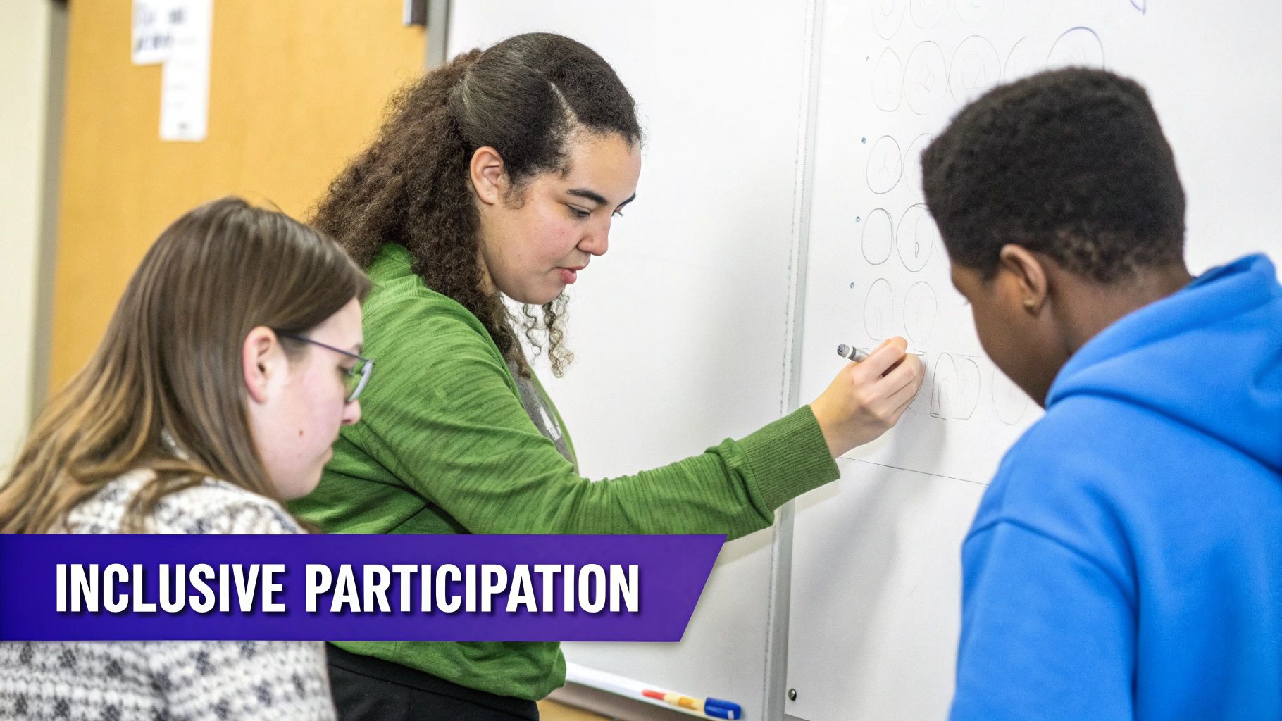 Three students engage in a collaborative activity on a whiteboard, promoting inclusive learning.