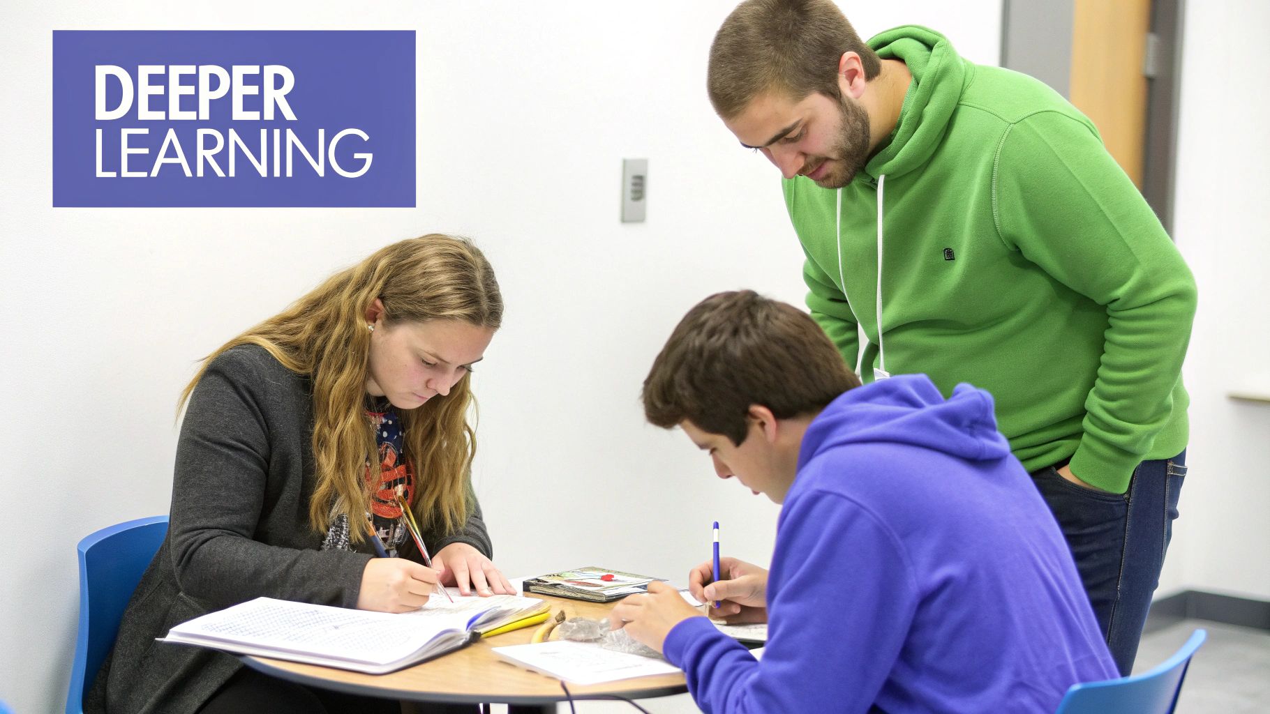 Three students, two seated and one standing, focused on writing and deeper learning activities.