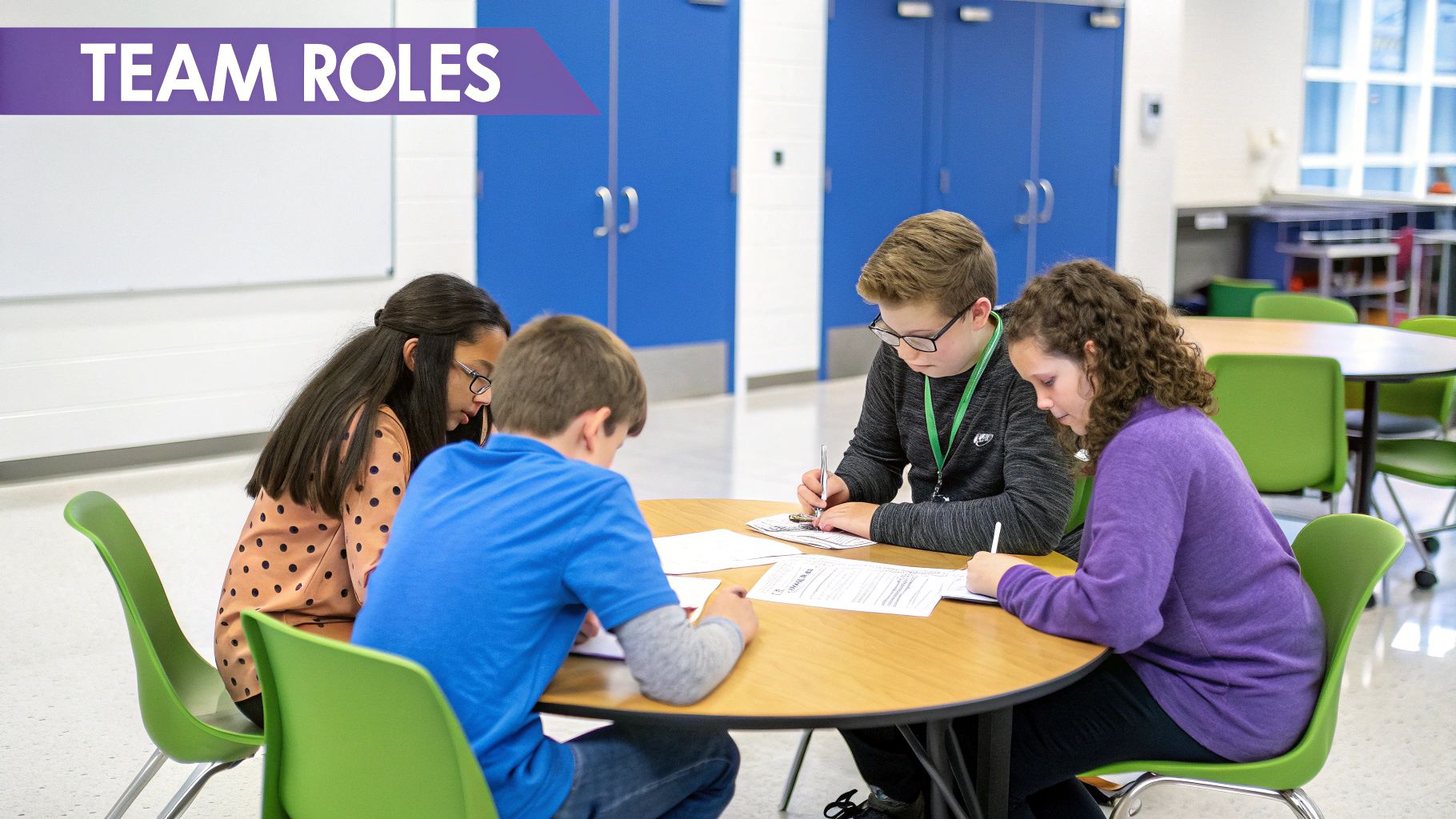 Four diverse students collaborate on a school assignment around a round table, focused on teamwork.