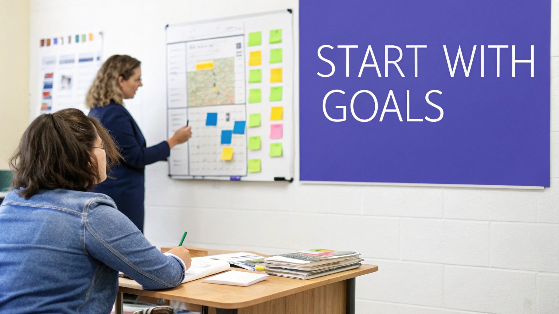 A teacher points to a whiteboard with maps and sticky notes, while a student takes notes. A sign reads 'START WITH GOALS'.
