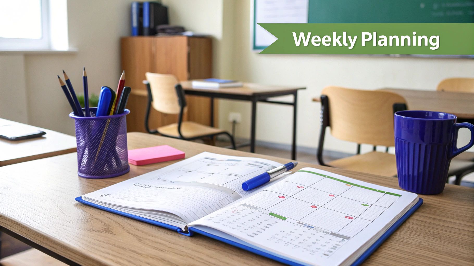 Open weekly planner, pens, and a blue mug on a classroom desk with 'Weekly Planning' banner.