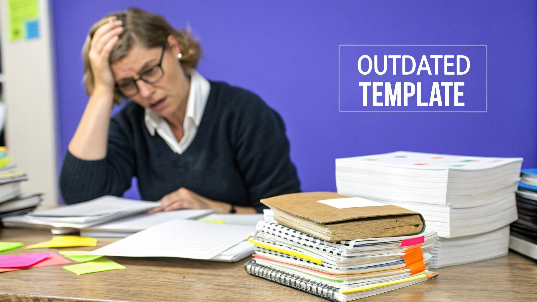 A stressed woman with glasses at a desk overwhelmed by papers, with an 'Outdated Template' sign.