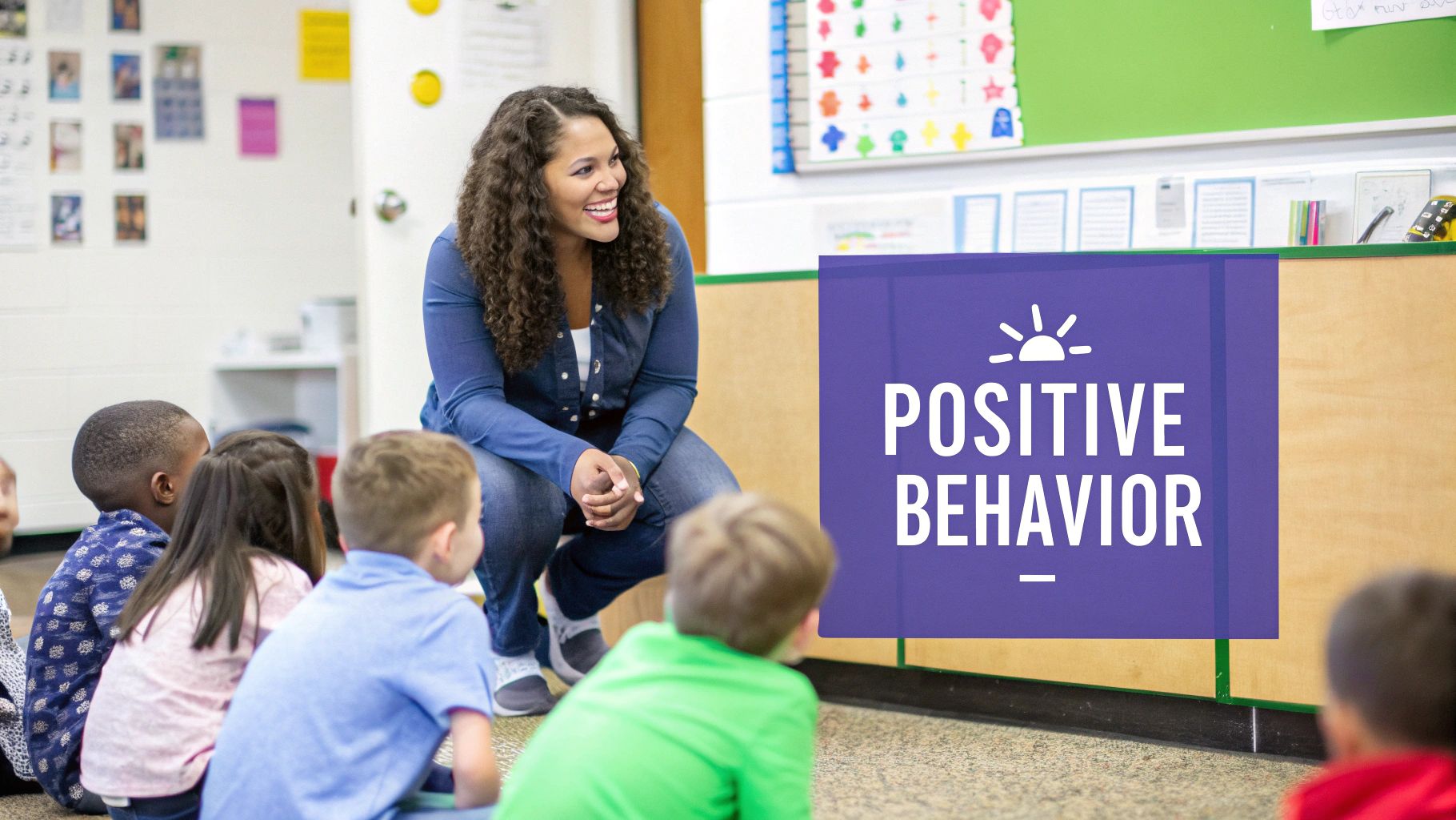 A smiling teacher kneels, engaging young students on the floor, with 'Positive Behavior' text.