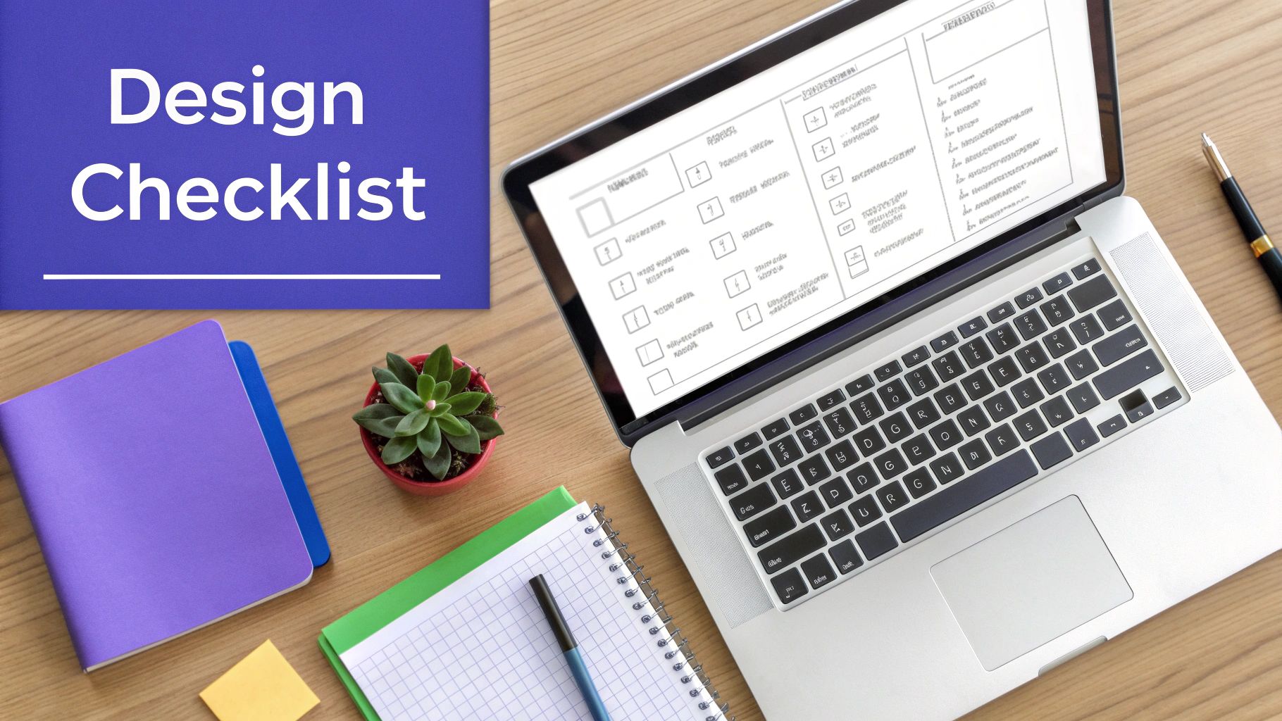 Overhead view of a design checklist on a laptop, surrounded by stationery on a wooden desk.