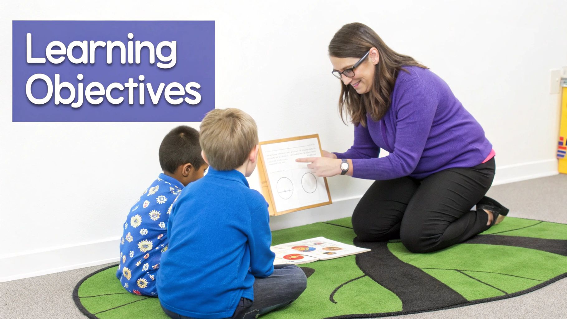 A teacher explains learning objectives to two young students sitting on a classroom rug.