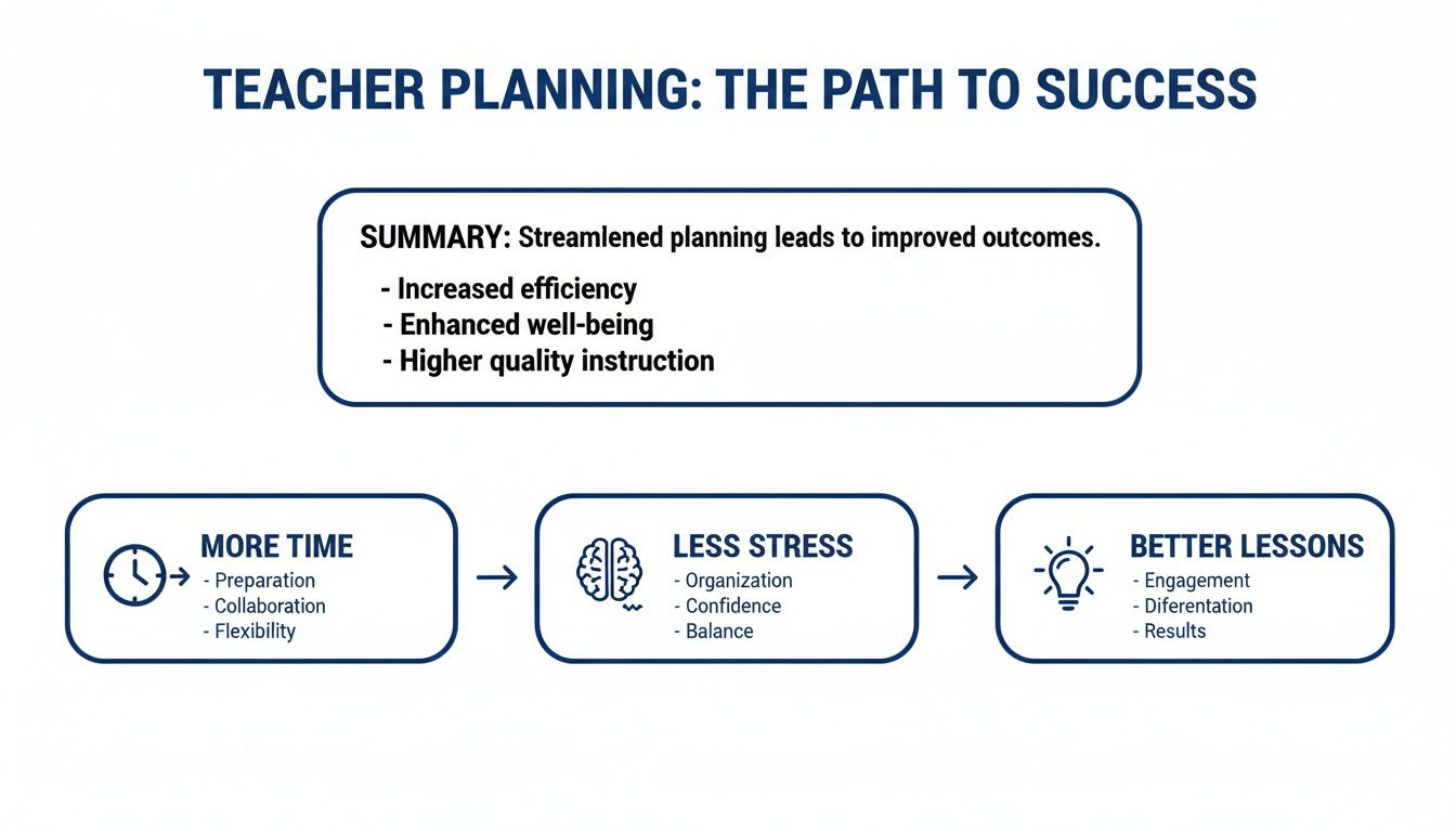 Flowchart illustrating teacher planning's path to success, leading to more time, less stress, and better lessons.