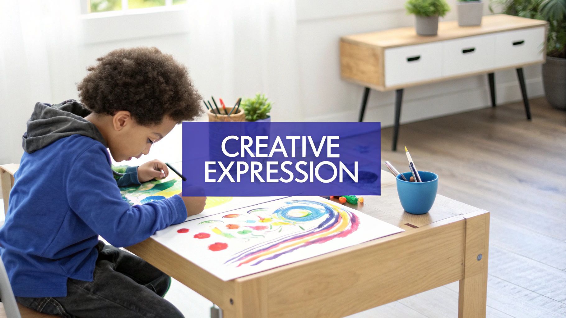 A young boy with curly hair focused on drawing and painting, expressing creativity.