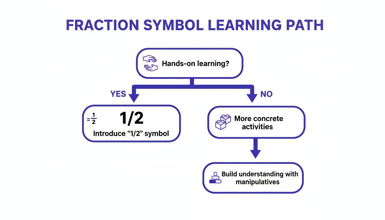 Flowchart illustrating two learning paths for fraction symbols: hands-on introduction or concrete manipulatives.