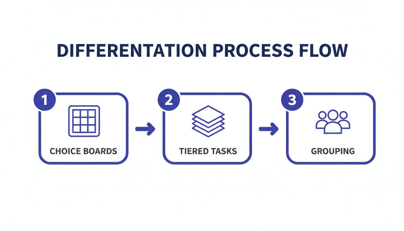 A three-step differentiation process flow diagram detailing choice boards, tiered tasks, and grouping.