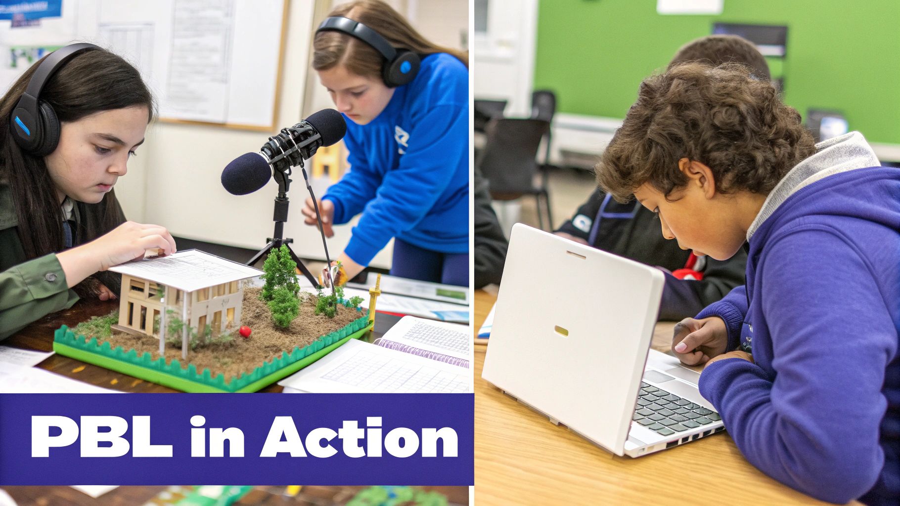 A diverse group of middle school students collaborating on a project, with one pointing to a tablet screen while others look on engaged.