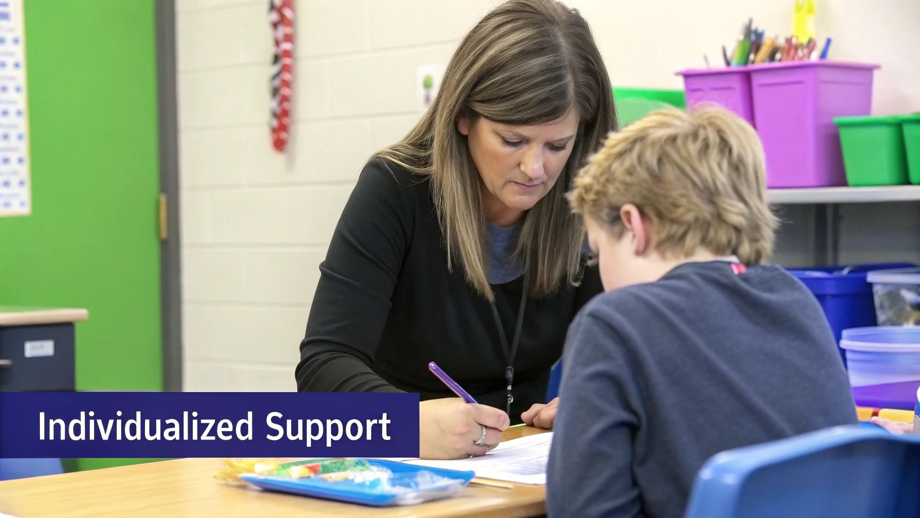A teacher provides individualized support to a young boy, helping him with schoolwork at a desk.
