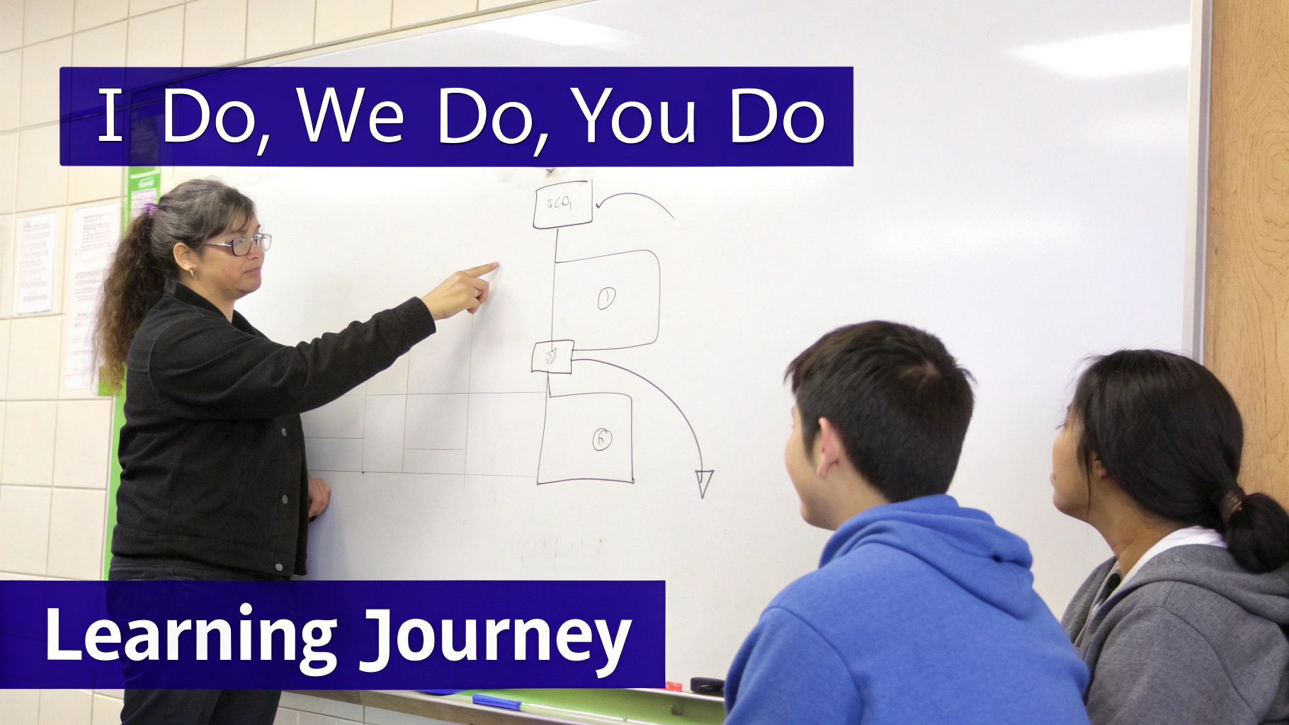 A teacher points to a diagram on a whiteboard, explaining it to two students in a classroom.