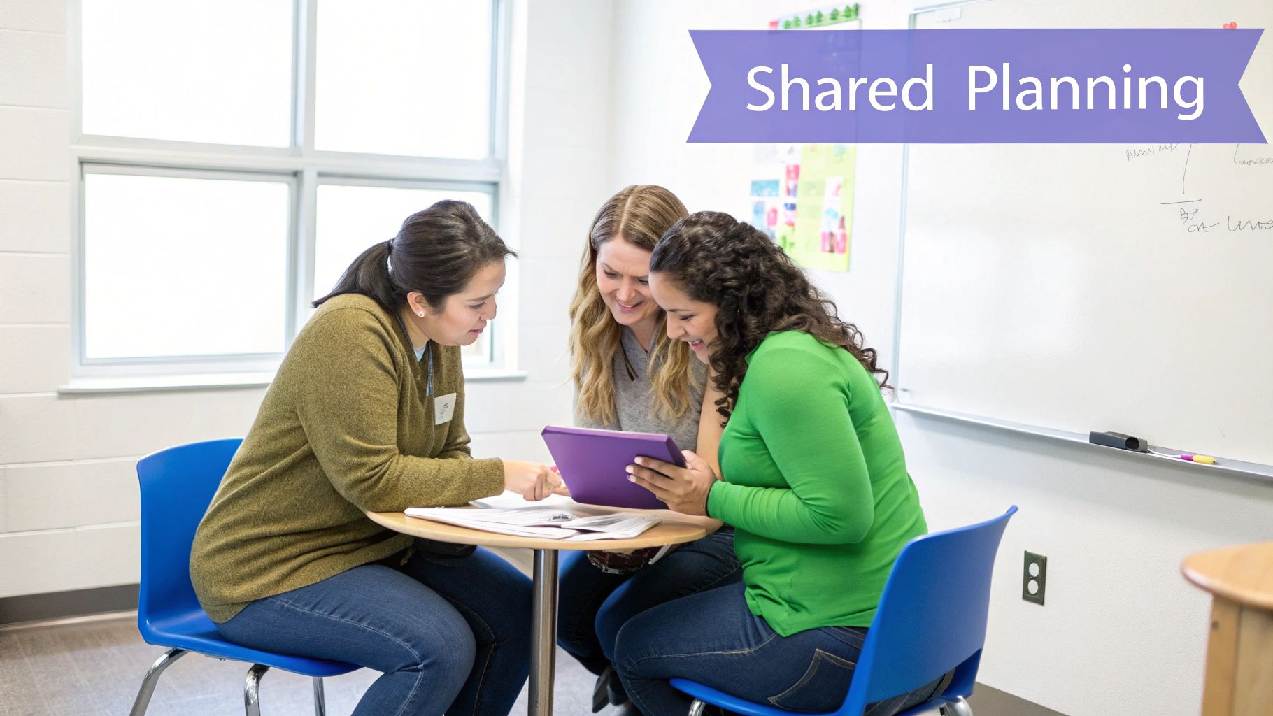 Three diverse women smiling and collaboratively planning while looking at a purple tablet together.