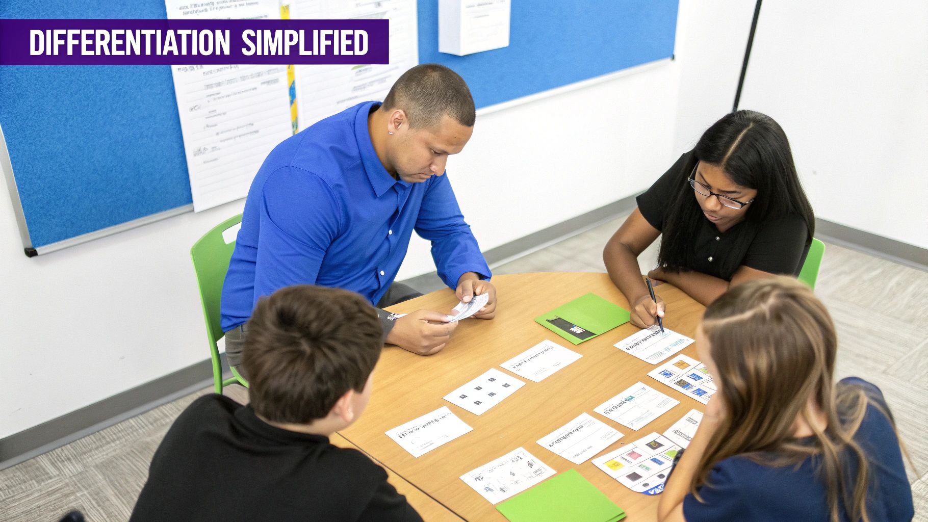 Students and a teacher collaborate on an activity with cards at a classroom table.