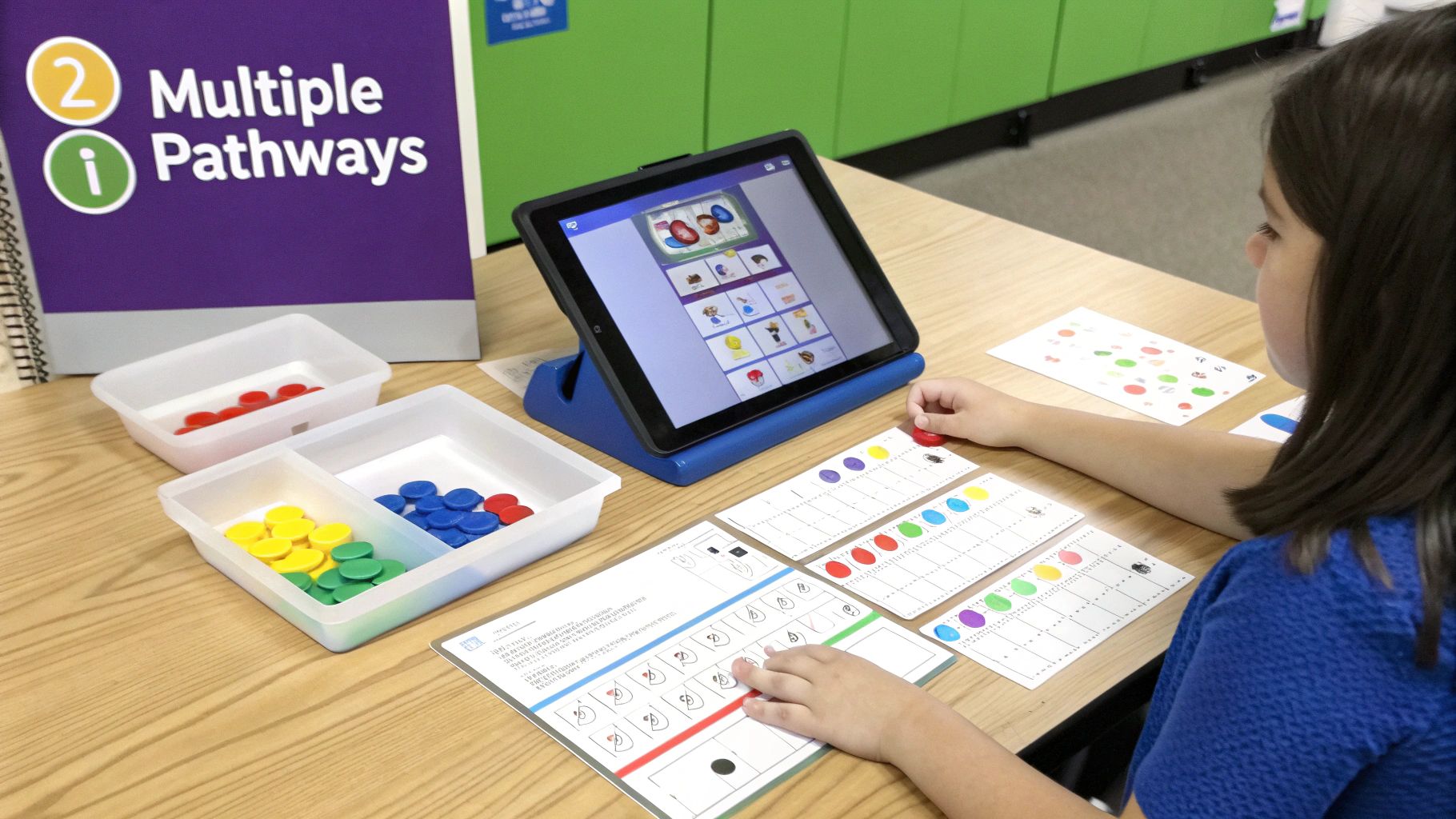 A child uses a tablet and colorful counters on a wooden desk for a hands-on learning activity, with a "Multiple Pathways" sign in the background.