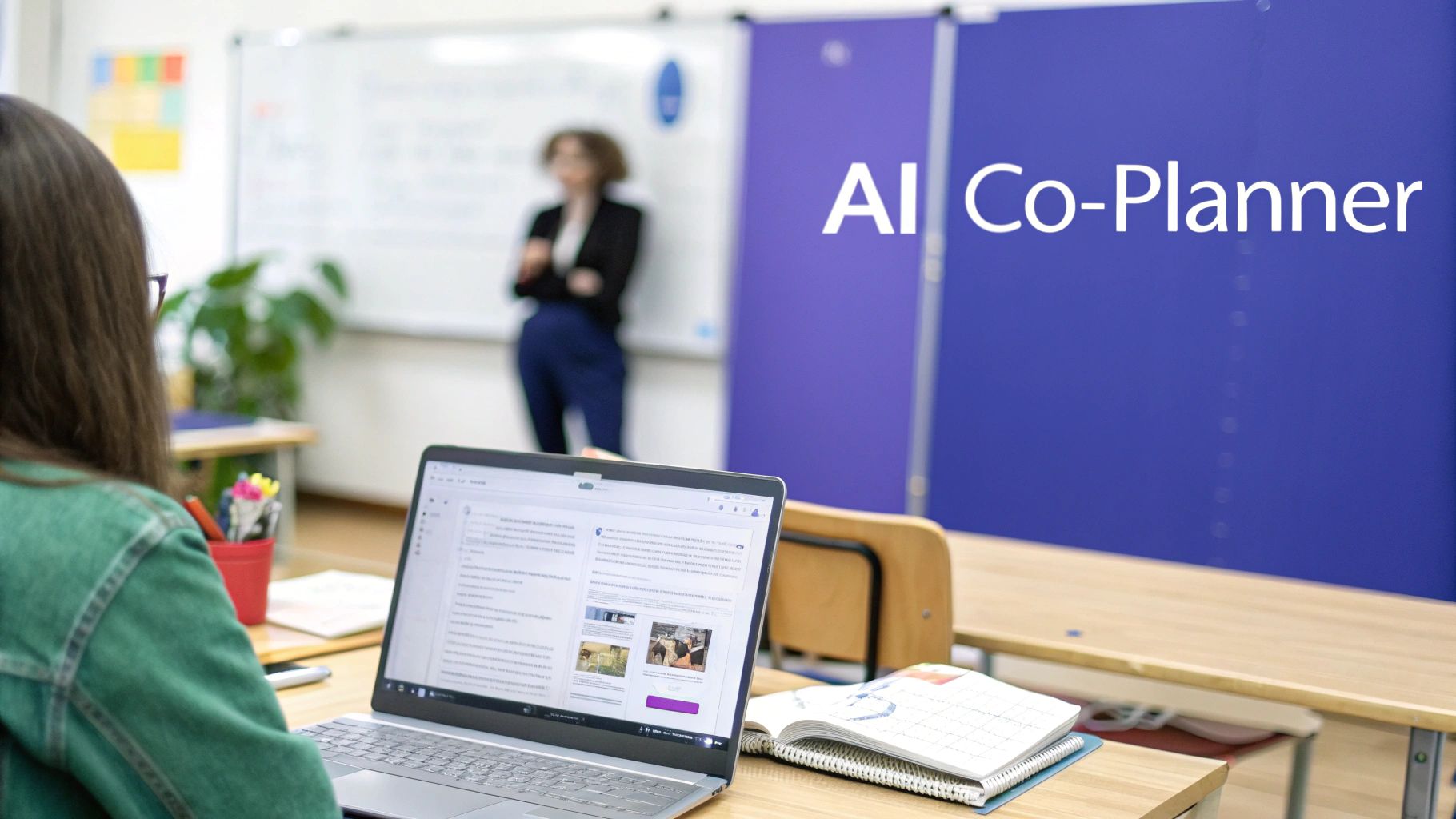 A student uses a laptop in a classroom, with 'AI Co-Planner' displayed on a blue screen.