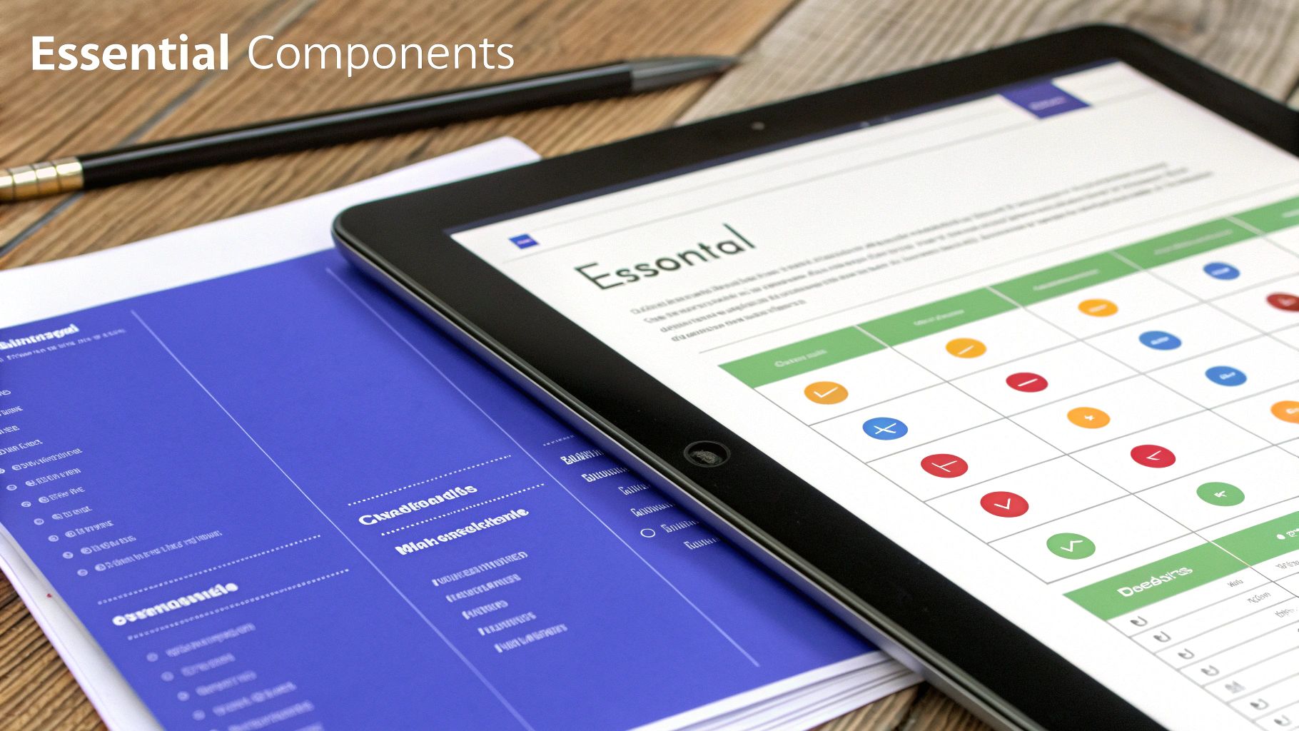A tablet displays a grid with checks and crosses next to a blue document and a pen, titled Essential Components.