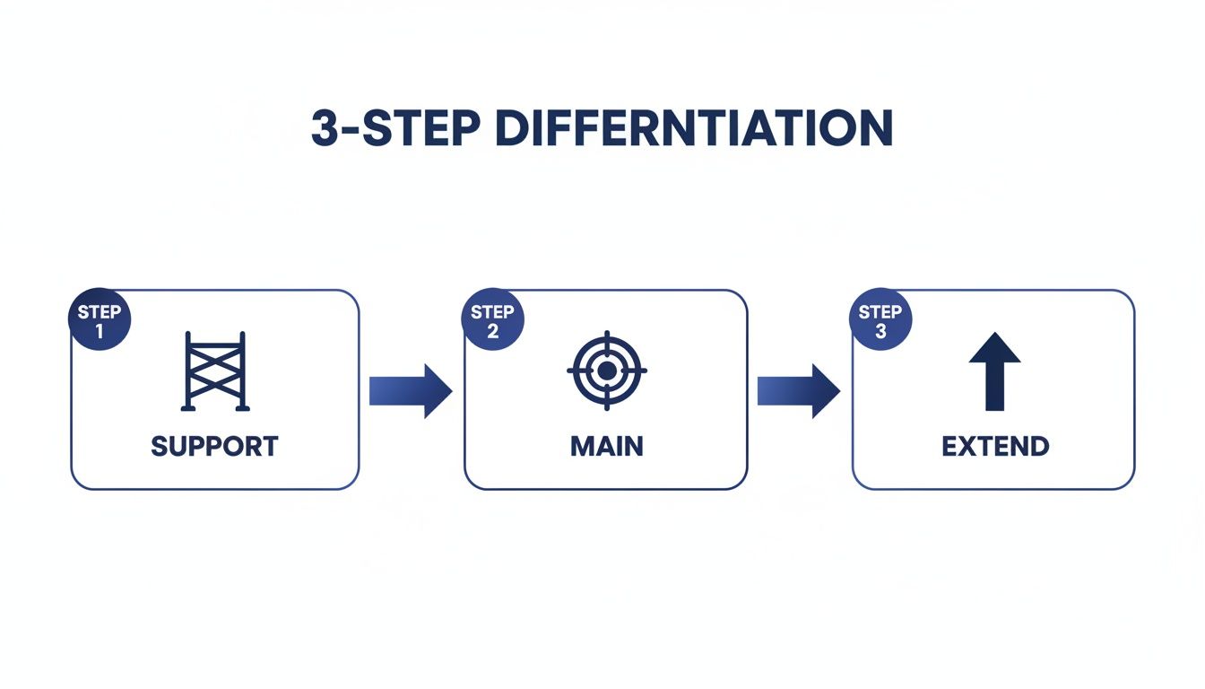 A 3-step differentiation process infographic showing support, main, and extend stages with icons.