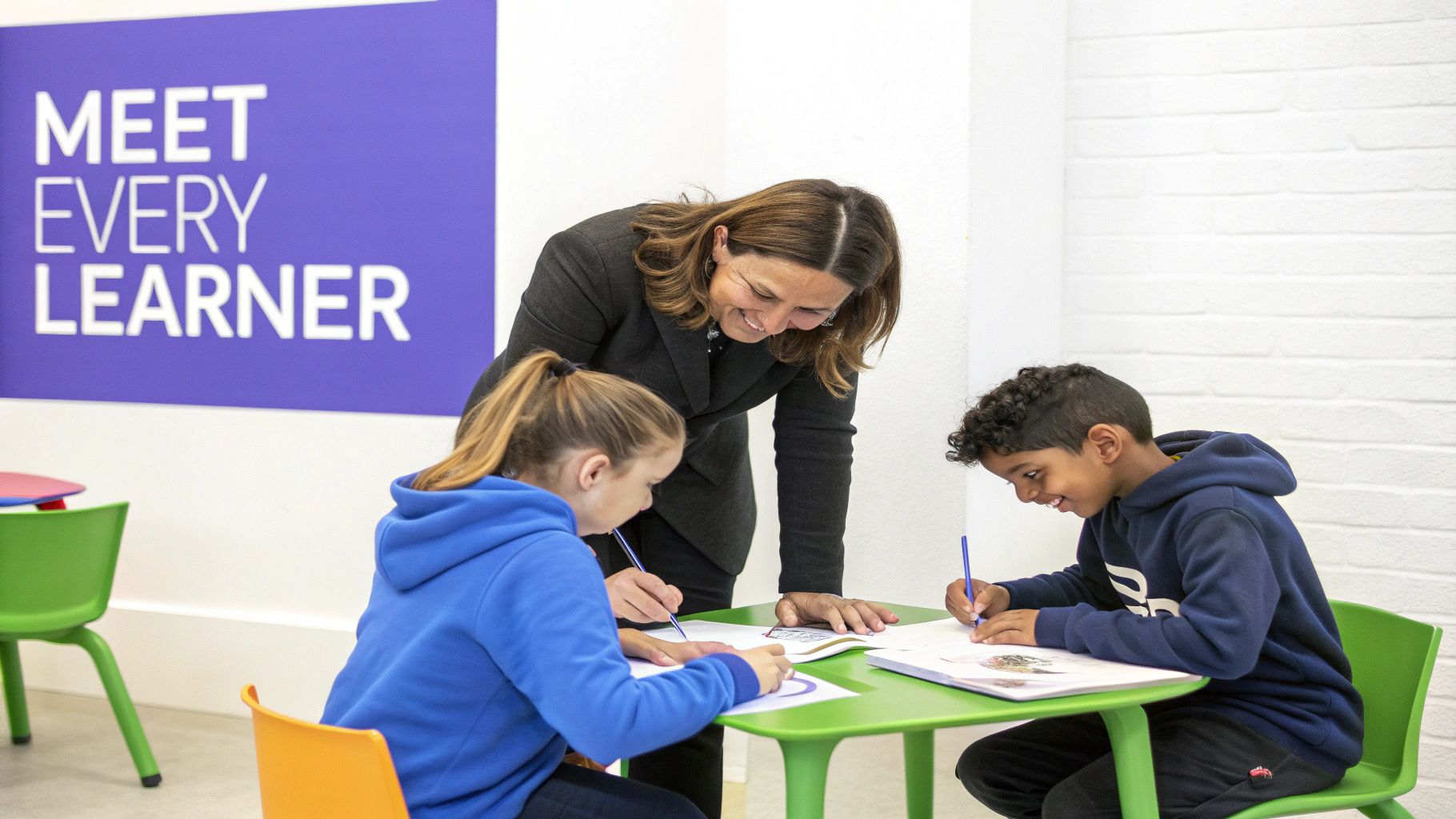 A smiling female teacher leans over two diverse children, a boy and a girl, drawing at a green table.