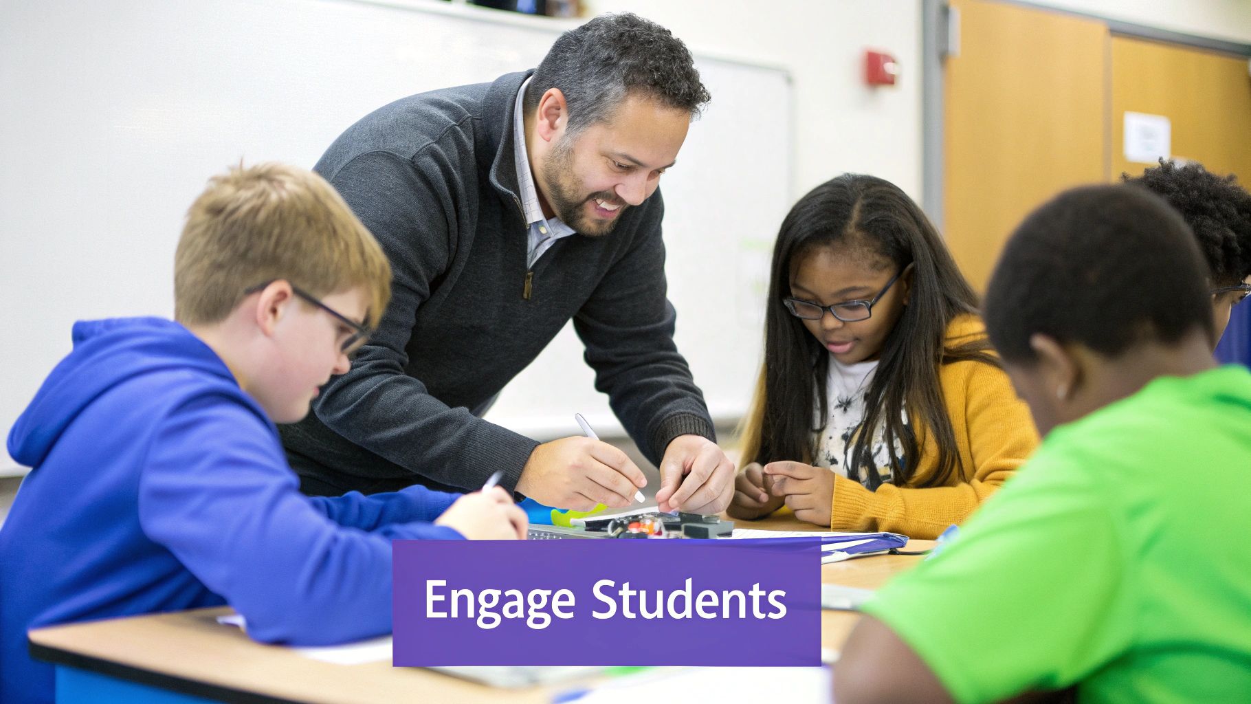 Teacher helps diverse students with a hands-on STEM project in a bright classroom.