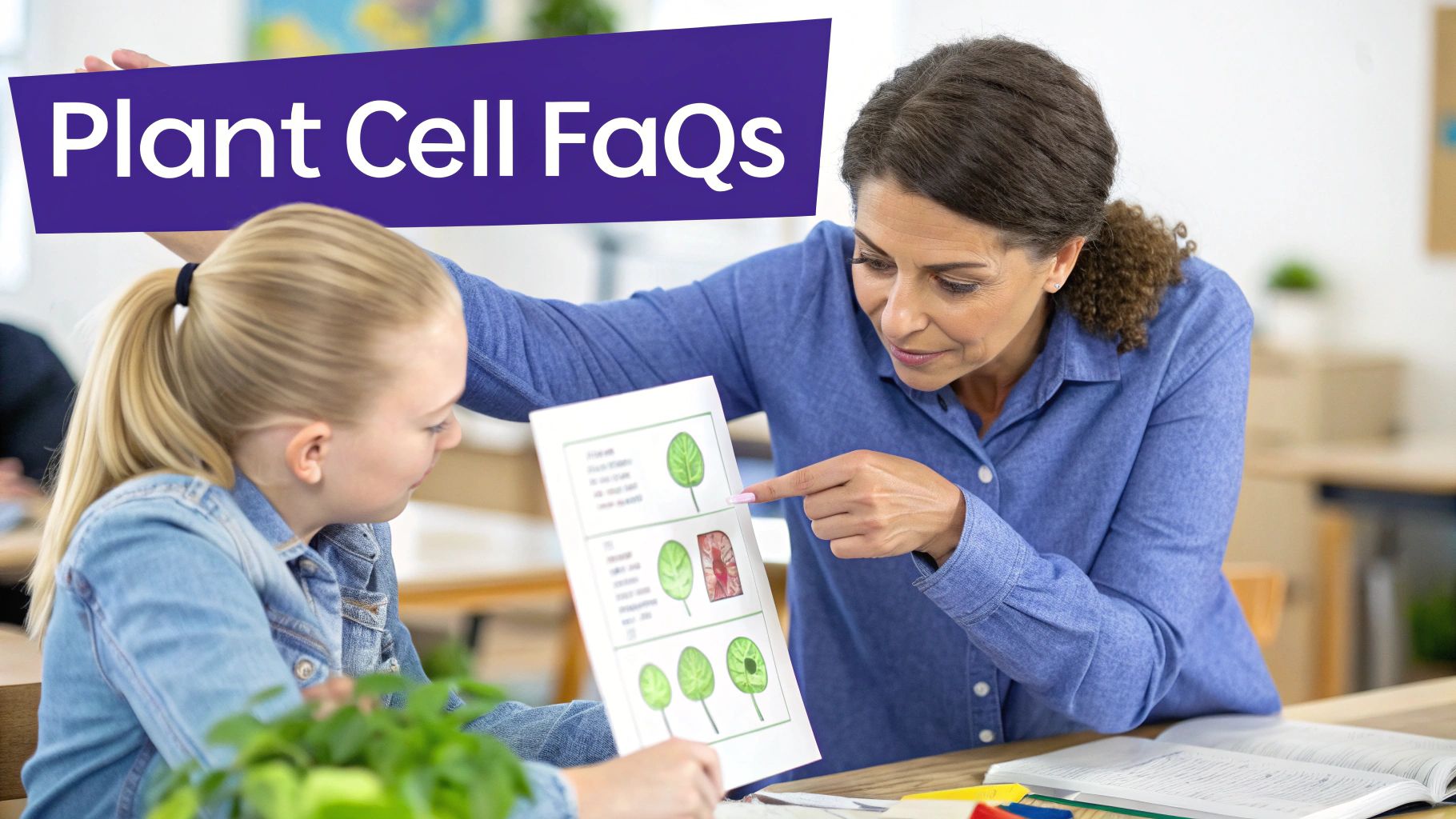 A teacher points to a plant leaf diagram while teaching a student about plant cells.