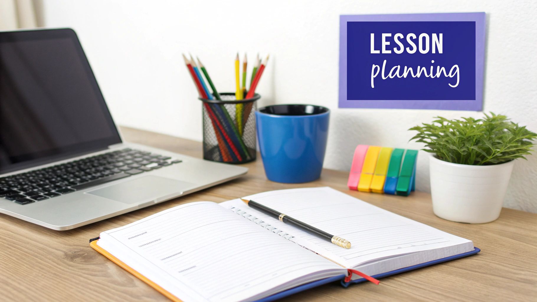 A teacher's desk with a laptop, open notebook, pen, pencils, mug, and a 'Lesson planning' sign.