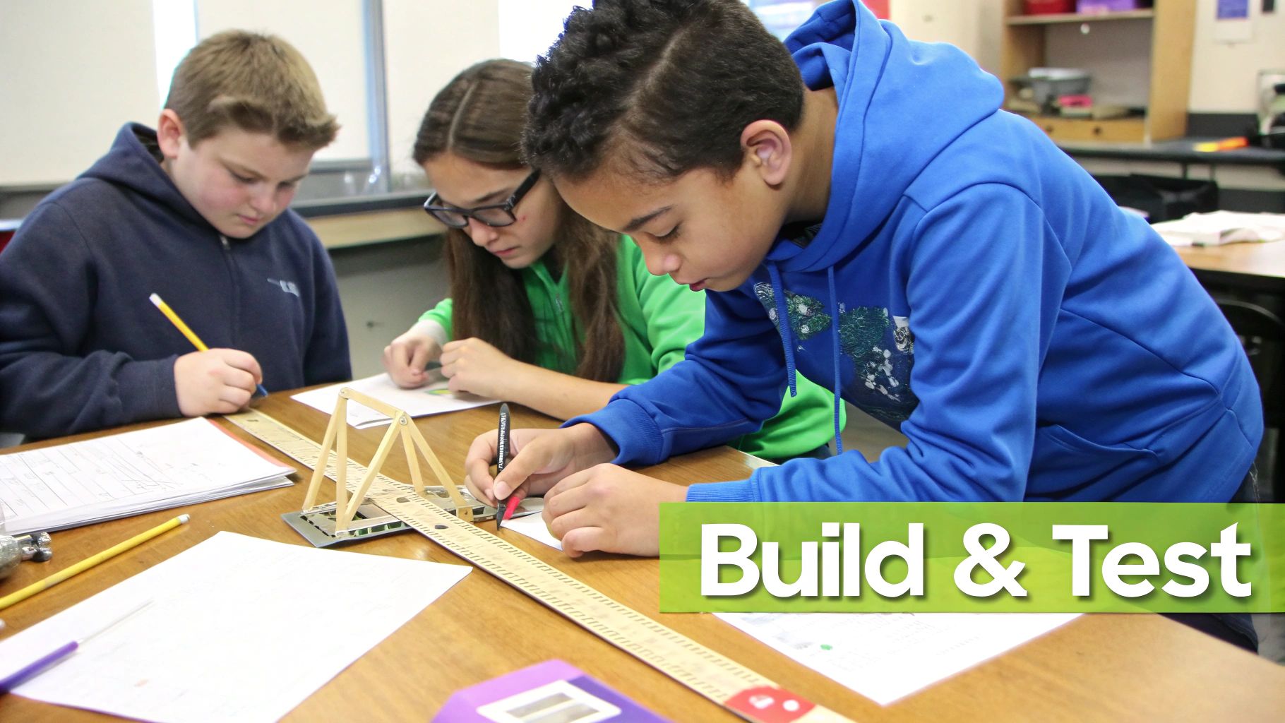 Three diverse elementary students collaboratively work on a STEM project, designing and building a small bridge.