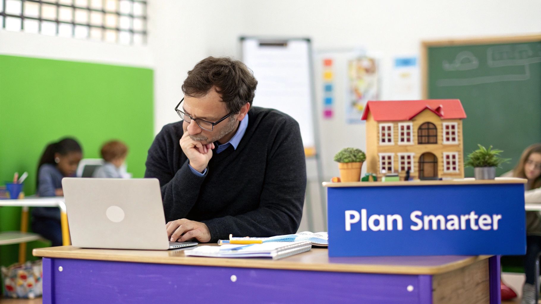 A focused male teacher in glasses works on a laptop at a purple desk in a vibrant classroom with a 'Plan Smarter' sign.