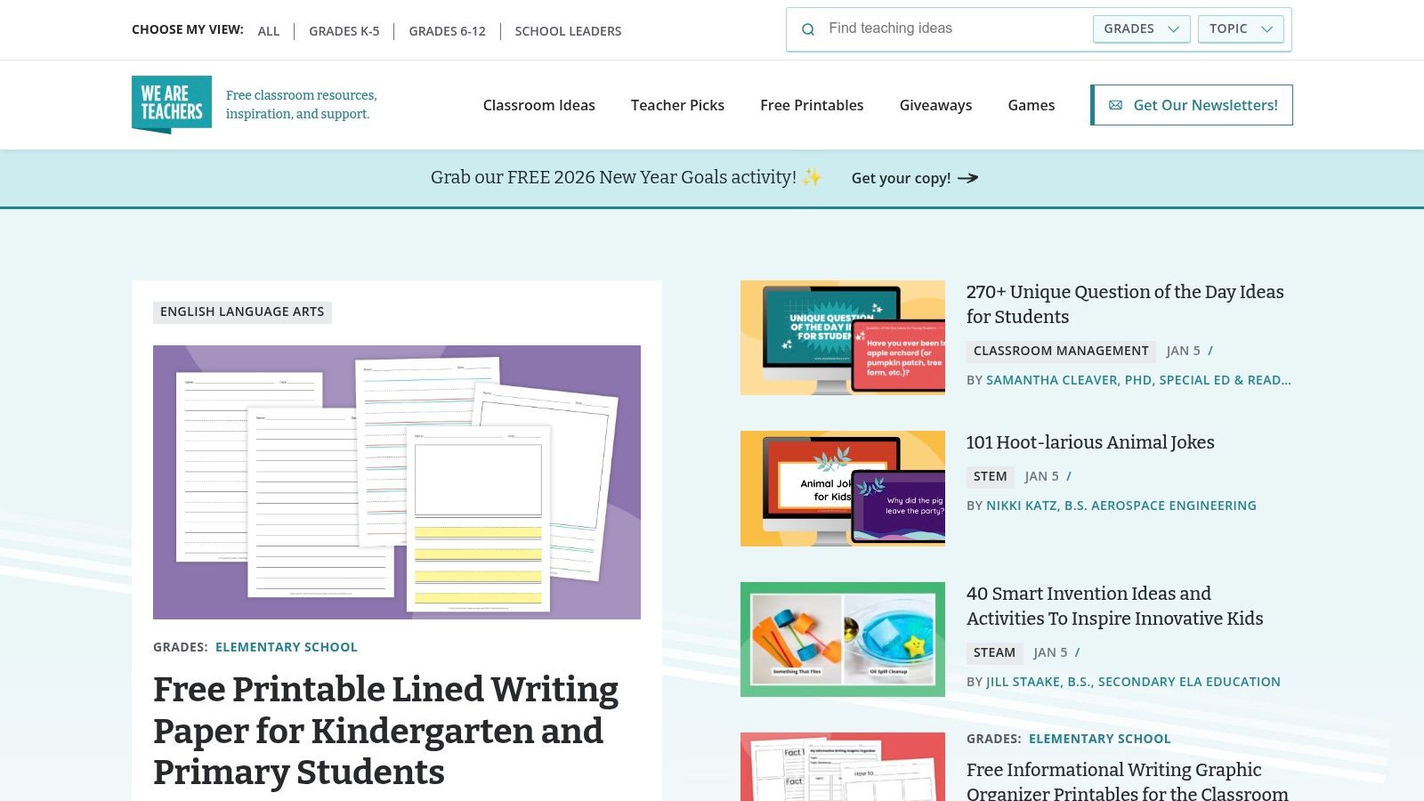 A screenshot of the We Are Teachers website showing a teacher and student in a classroom setting, with an overlay advertising a free classroom management printable bundle.