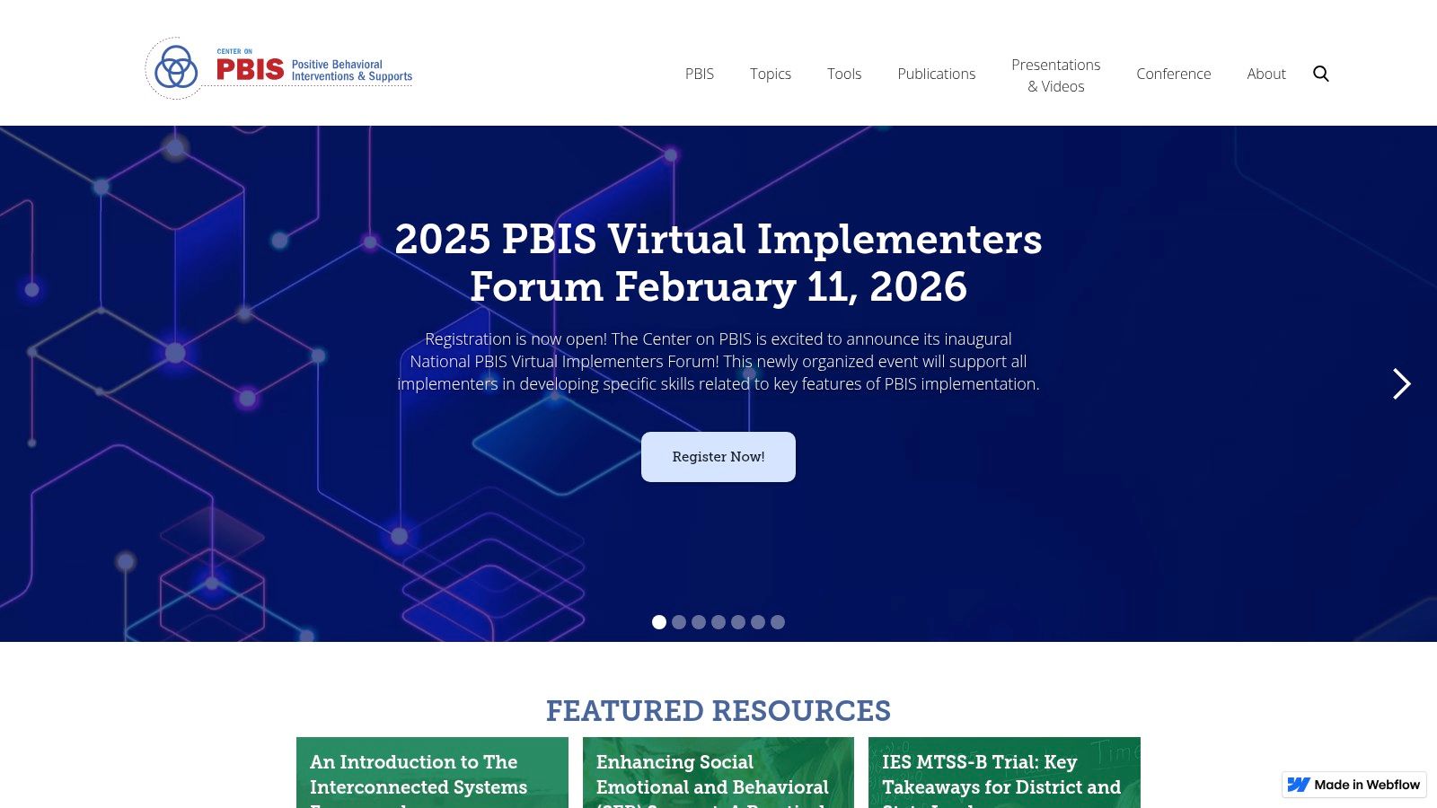 A screenshot of the Center on PBIS website's homepage, showing navigation options for topics, resources, and events.