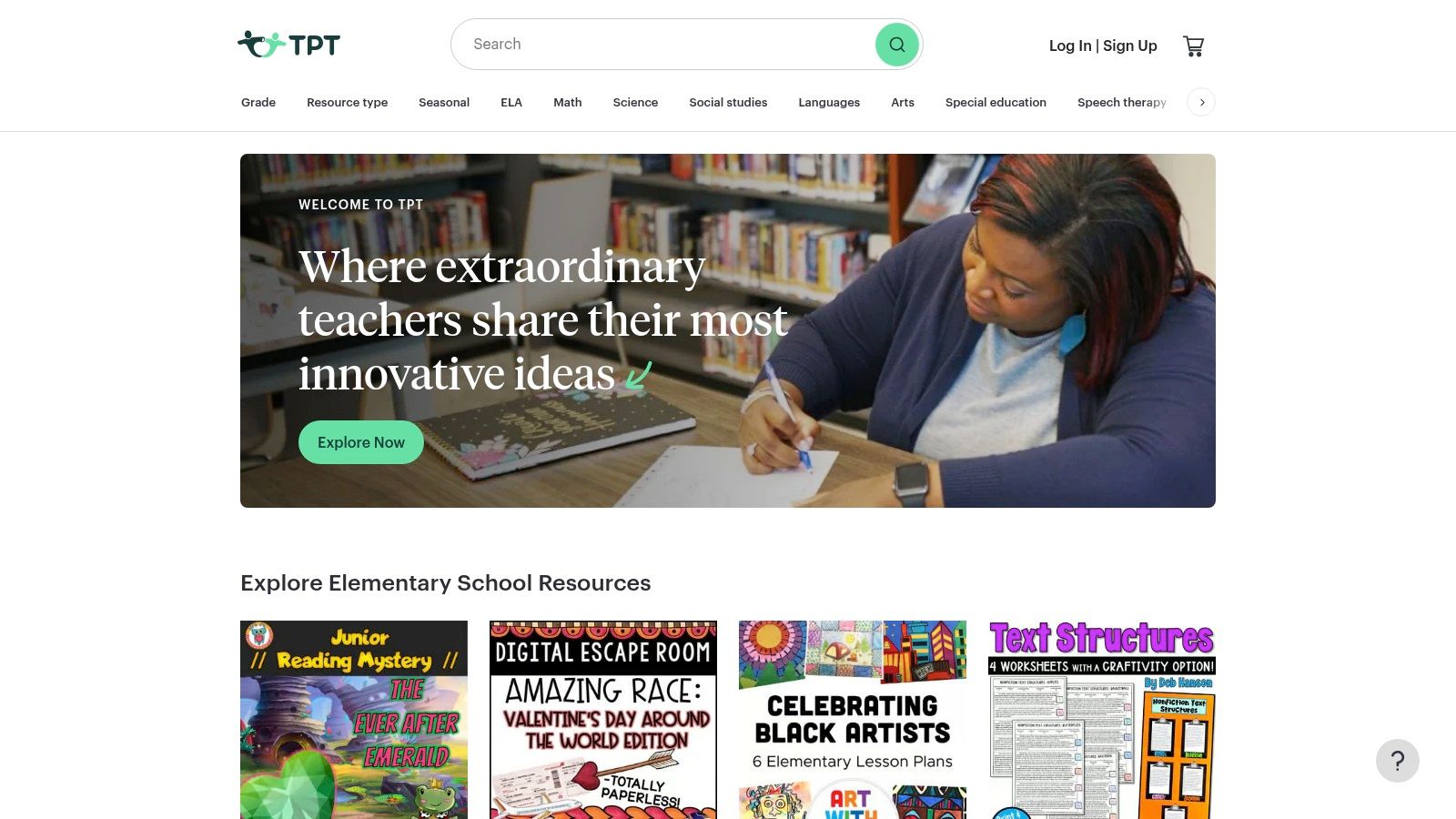 A screenshot of the Teachers Pay Teachers website, showcasing its marketplace layout and search filters for teacher resources.
