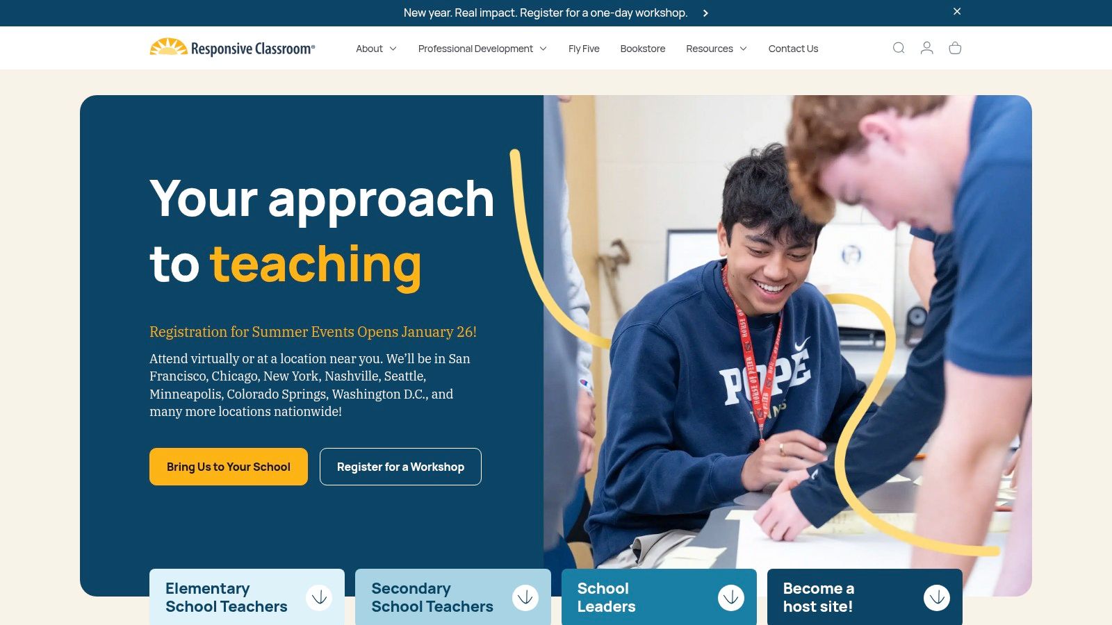 A workshop or classroom setting where educators are engaged in a Responsive Classroom training session, with charts and materials visible in the background.