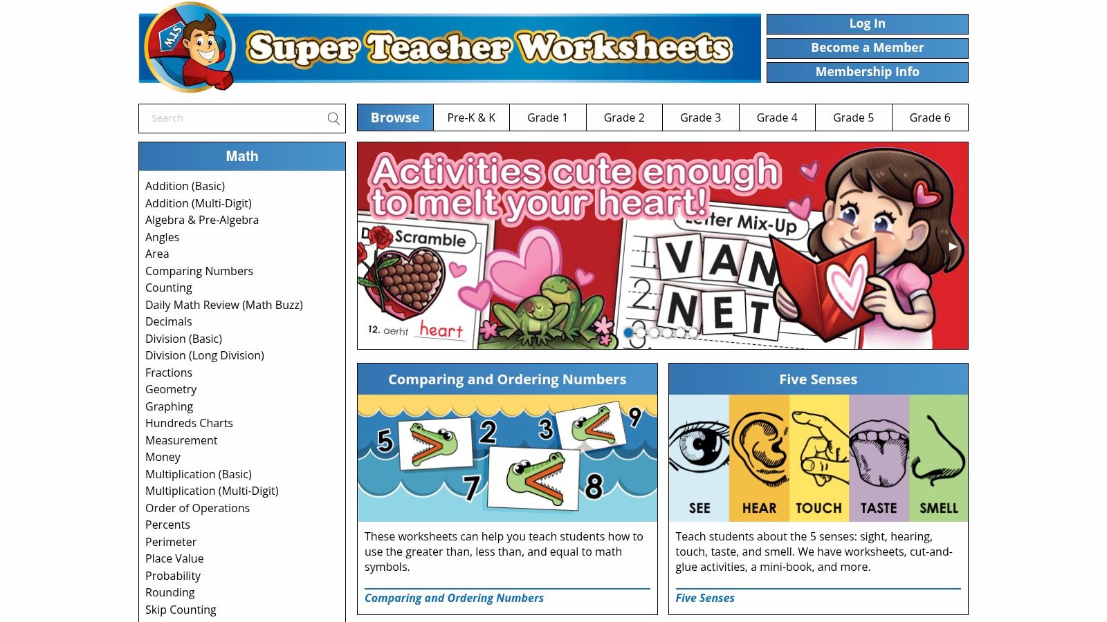 A screenshot of the Super Teacher Worksheets website, highlighting its organized categories for Math, Reading, and Science.