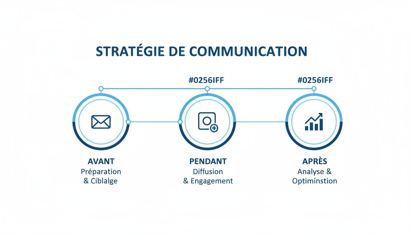 Infographie illustrant une stratégie de communication en trois phases : avant, pendant et après, avec icônes. #0256IFF