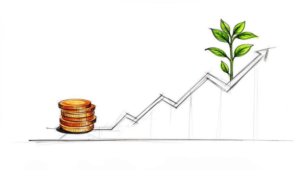 Une pile de pièces d'or et une plante verte sur un graphique de croissance ascendant, symbolisant l'investissement et la prospérité.