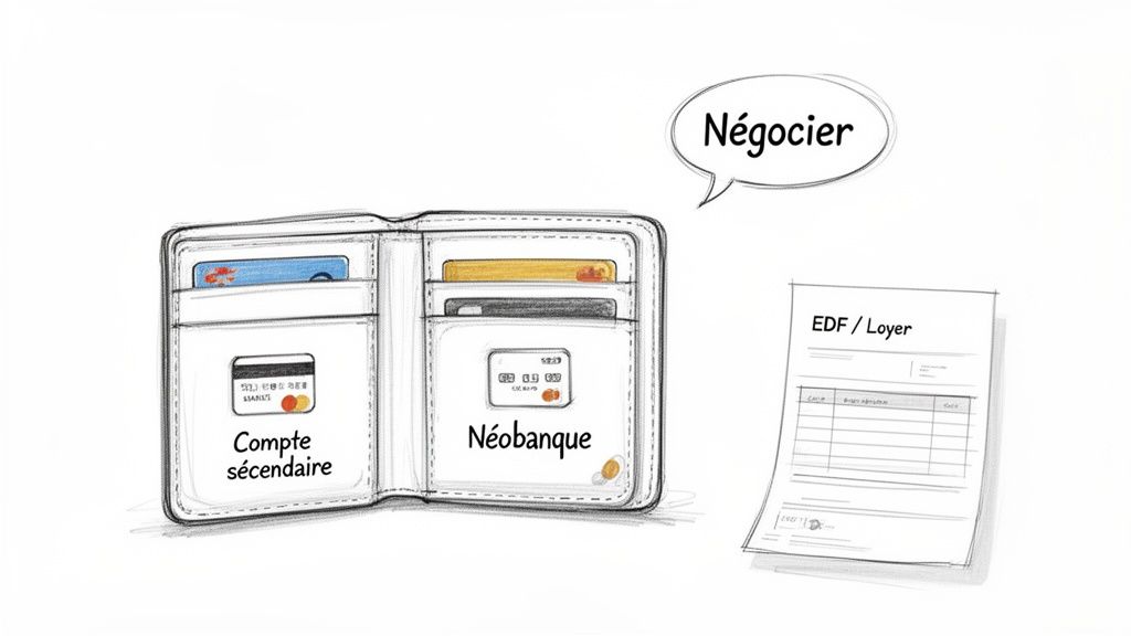 Illustration d'un portefeuille ouvert montrant des cartes bancaires pour un compte secondaire et une néobanque, avec une bulle de dialogue indiquant "Négocier" et un document "EDF / Loyer".