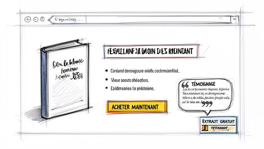 Esquisse d'une page web de vente d'e-book avec un livre, des points clés, un témoignage et un bouton d'achat.