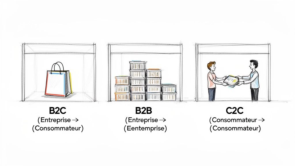 Illustration des trois modèles de commerce électronique : B2C, B2B, et C2C, avec leurs définitions respectives.